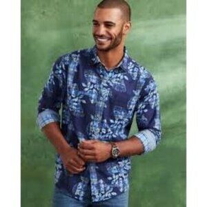 Tommy Bahama Long Sleeve Mens Navy Blue Floral Shirt Jingle Plaid Rock Large
